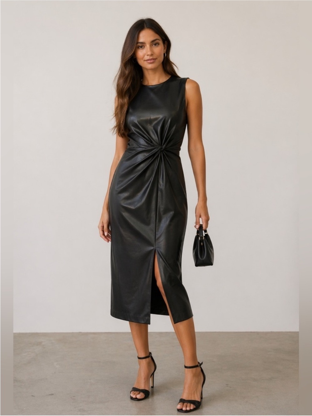 Express Black Faux-Leather Twist-Front Midi Dress